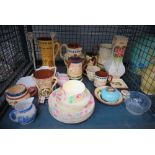 Cage with floral pattern Staffordshire crockery, heart shaped pill box, candlesticks, jugs and lugs