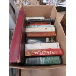 Box containing military reference books plus novels and an atlas