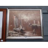 Modern oil on canvas of sailing boats in harbour