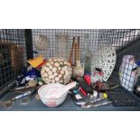 Cage containing Oriental bowl plus 2 spoons, nut crackers, coins, thimble, toy digger, glassware,