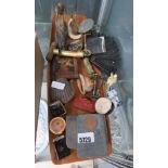 Wooden tray with a fan, ornamental figures, shells, knife rests, etc