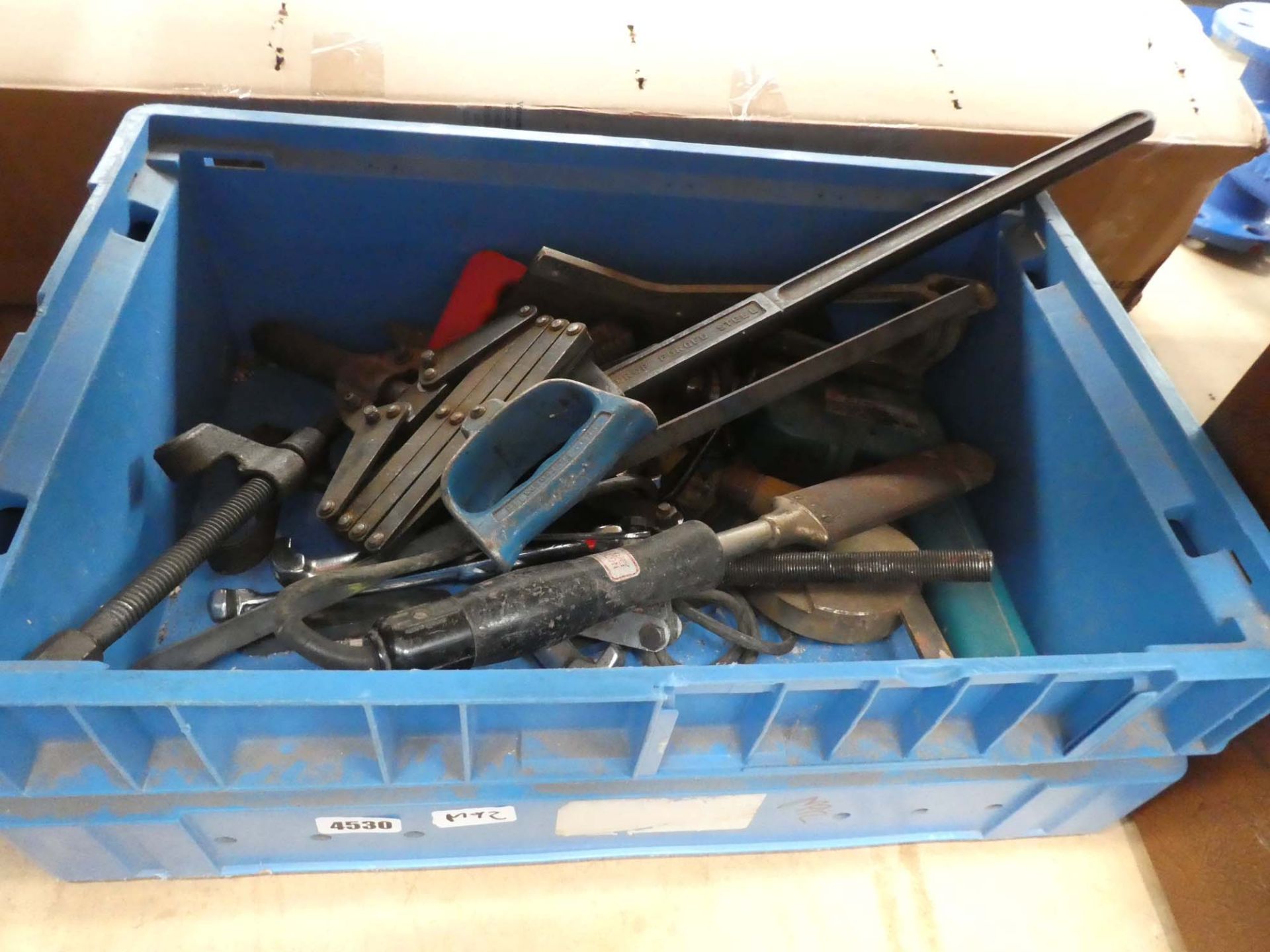 Small crate cont. tools inc. riveter, clamps, pullers, stillsons, etc.
