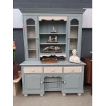 Grey and white painted pine dresser unit with glazed doors