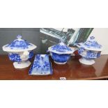 3 blue and white tureens with blue and white butter/cheese dish