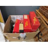 Box containing Triang and Hornby controllers and track