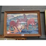 Framed and glazed print of 3 horses