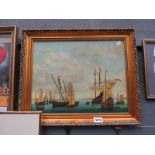 Oil on canvas by D. Young of Dutch sailing ships in harbour
