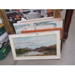 Oil on board of lake land scene, Parisian prints, print of dog and painting of The Fisherman