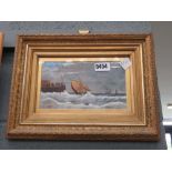 Oil on board - fishing boats on stormy sea