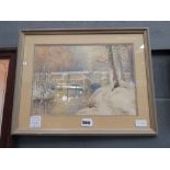 Small framed and glazed watercolour of a bridge