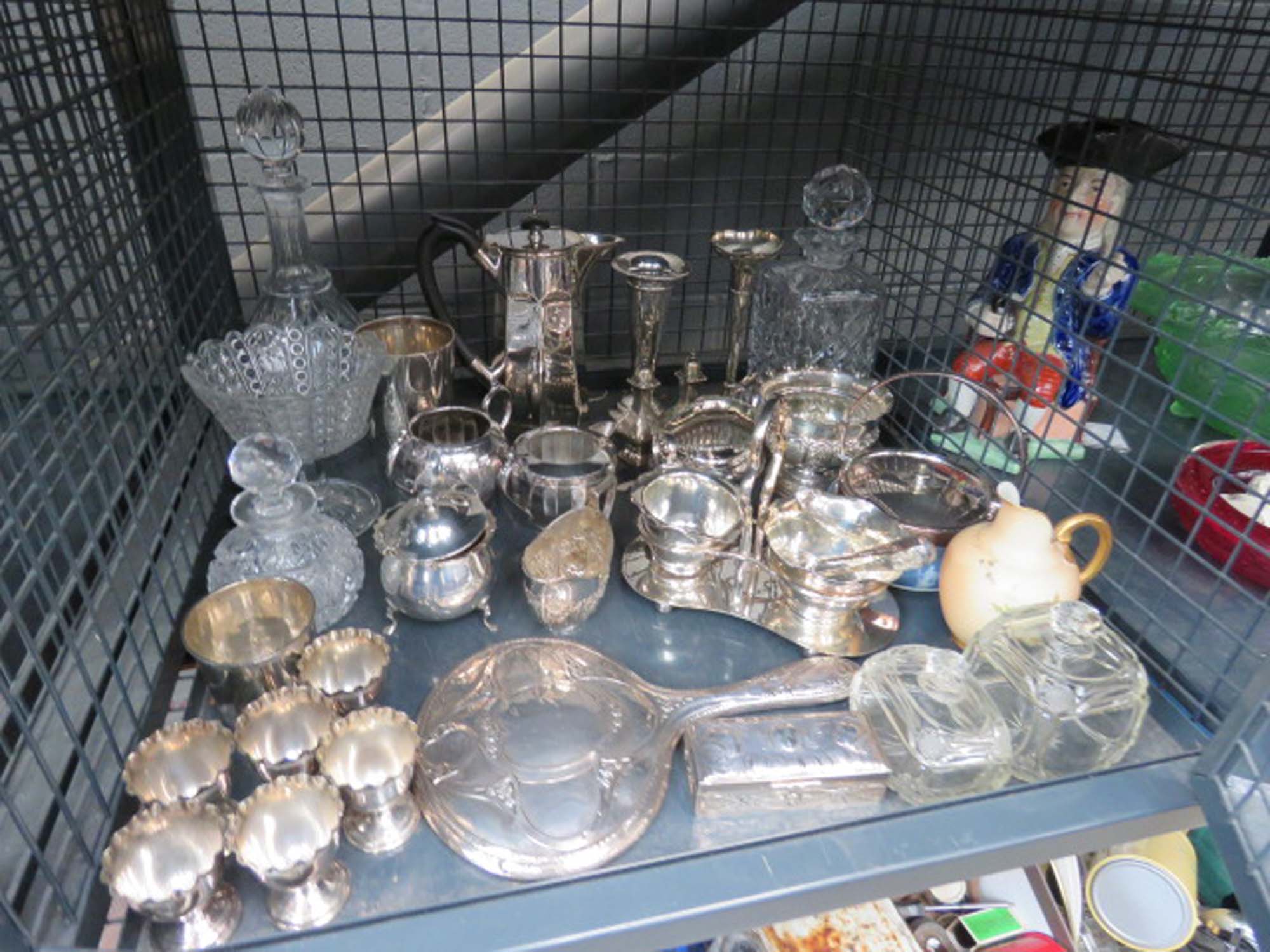 Cage containing large quantity of silver plated and silver to incl. vases, various dishes, jugs,