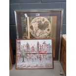 Framed and glazed map of the world, and framed Parisien street scene