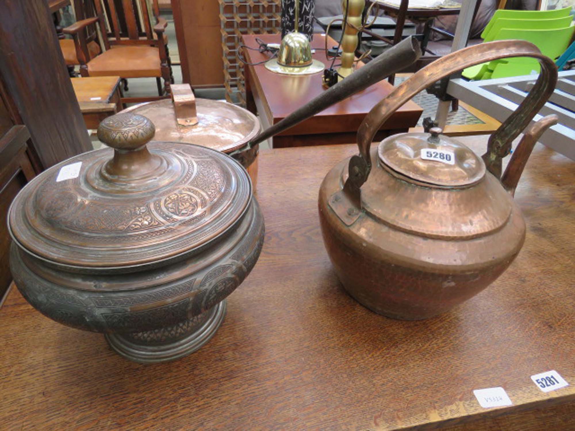 Large copper kettle, a cooking pot with lid and a Middle Eastern lidded pot