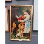 Oil on board of girl reading book with large dog (based on a Pears print)