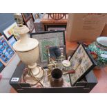 Box containing bell weights, Chinese embroidery and one other, small mirror, brass jug and a lamp