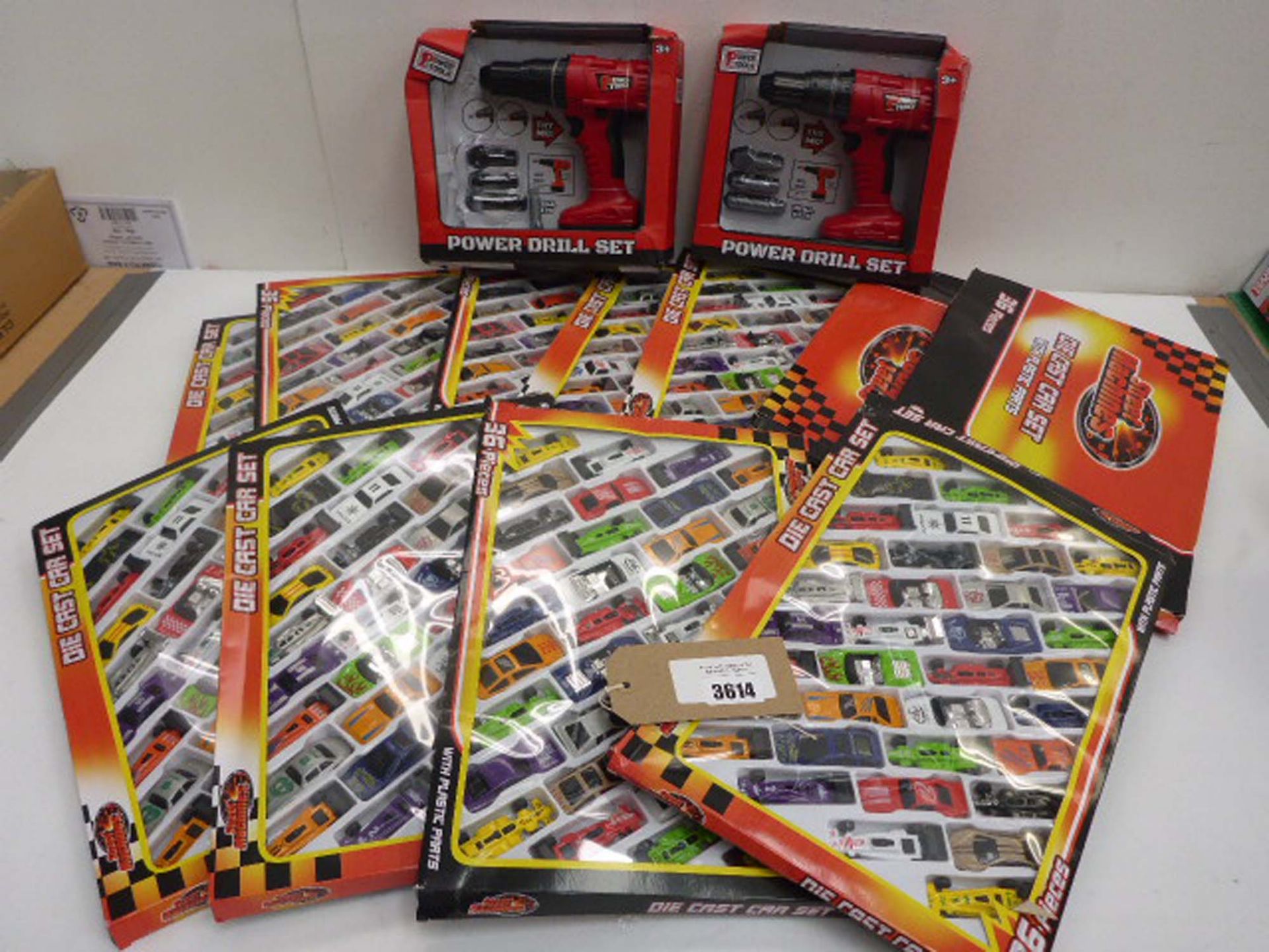 11 packs of dies cast car sets and 2 Toy power drill sets