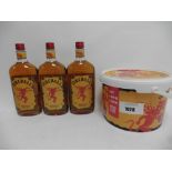 A bucket & 3 bottles of Fireball Red Hot Liqueur blended with Cinnamon & Whisky 3x 70cl 33% &