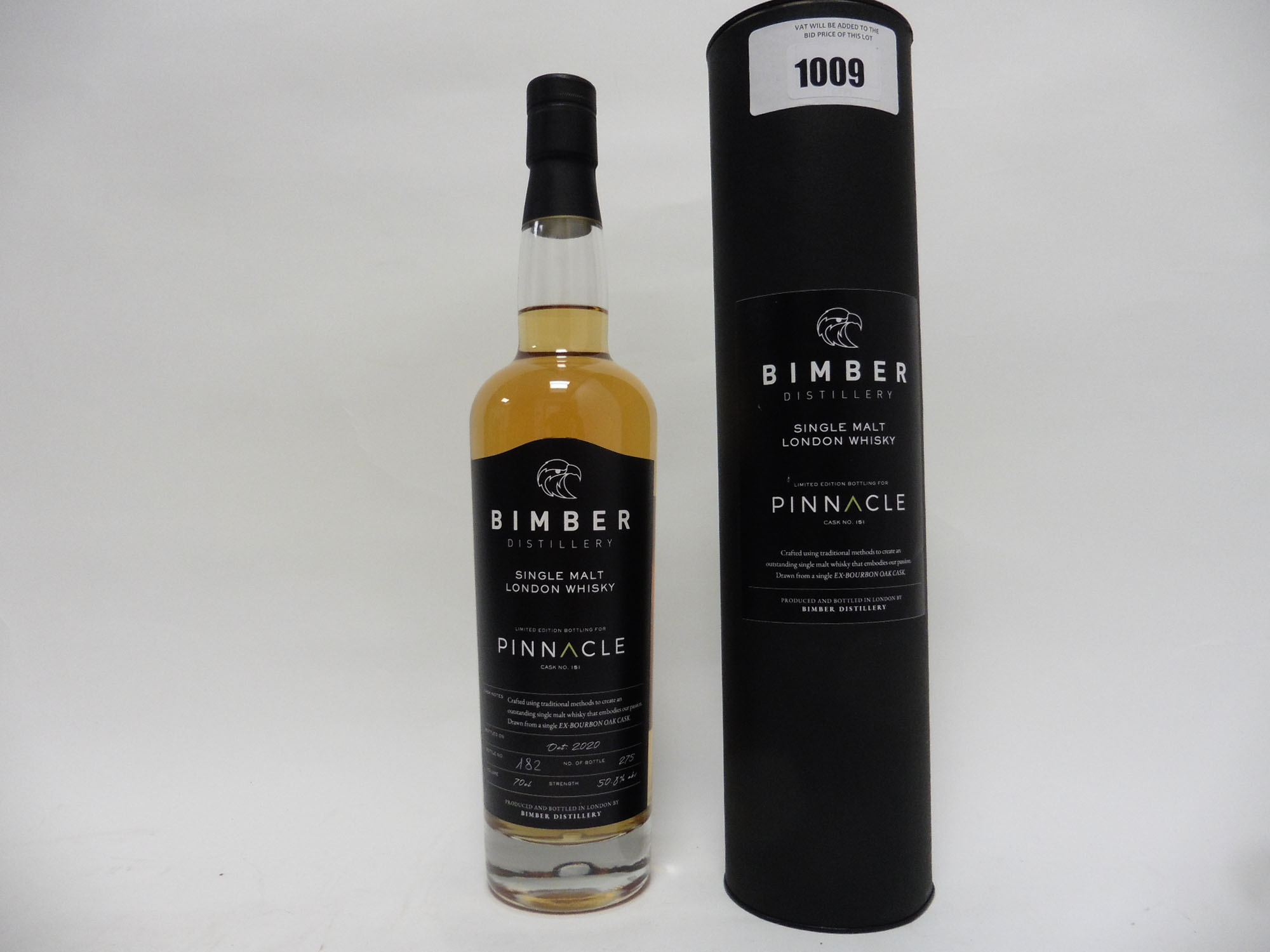 A bottle of Bimber Distillery Single Malt London Whisky Limited Edition bottling for Pinnacle with