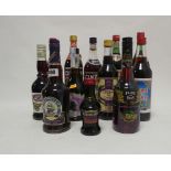 12 assorted bottles, 1x Plymouth Damson Liqueur 50cl 26%, 2x Creme De Cassis 70cl 15%,