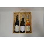 A wooden gift box of 3 wines, 1x La Grande Voute 2019 Red Cotes Du Rhone,