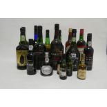 10 bottles and smaller bottles, 1x Martinez Port, 1x Borges Ruby Port, 1x Sandeman Tawny Port,