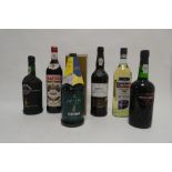 6 bottles, 1x Sandeman Founders Reserve Port 75cl, 1x Sandeman Apitiv white port with box,