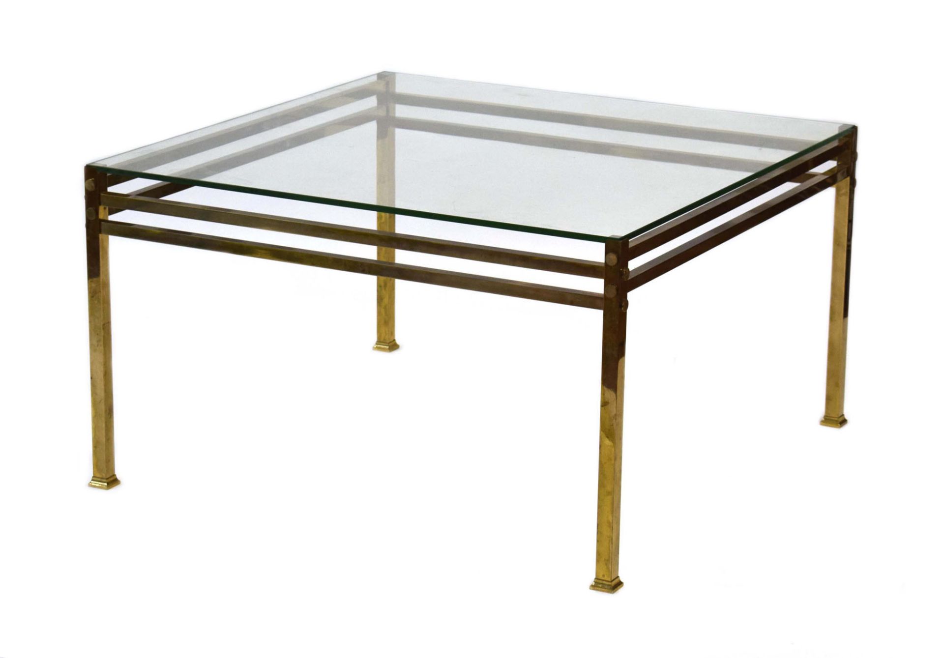 A 1970's brass finished occasional table with a square glass surface, w.