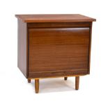 A modified 1960's tambour cabinet with a teak surface, beech body and tapering legs, w.