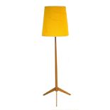 A 1960's beech tripod floor lamp with a yellow shade CONDITION REPORT: Split to side,