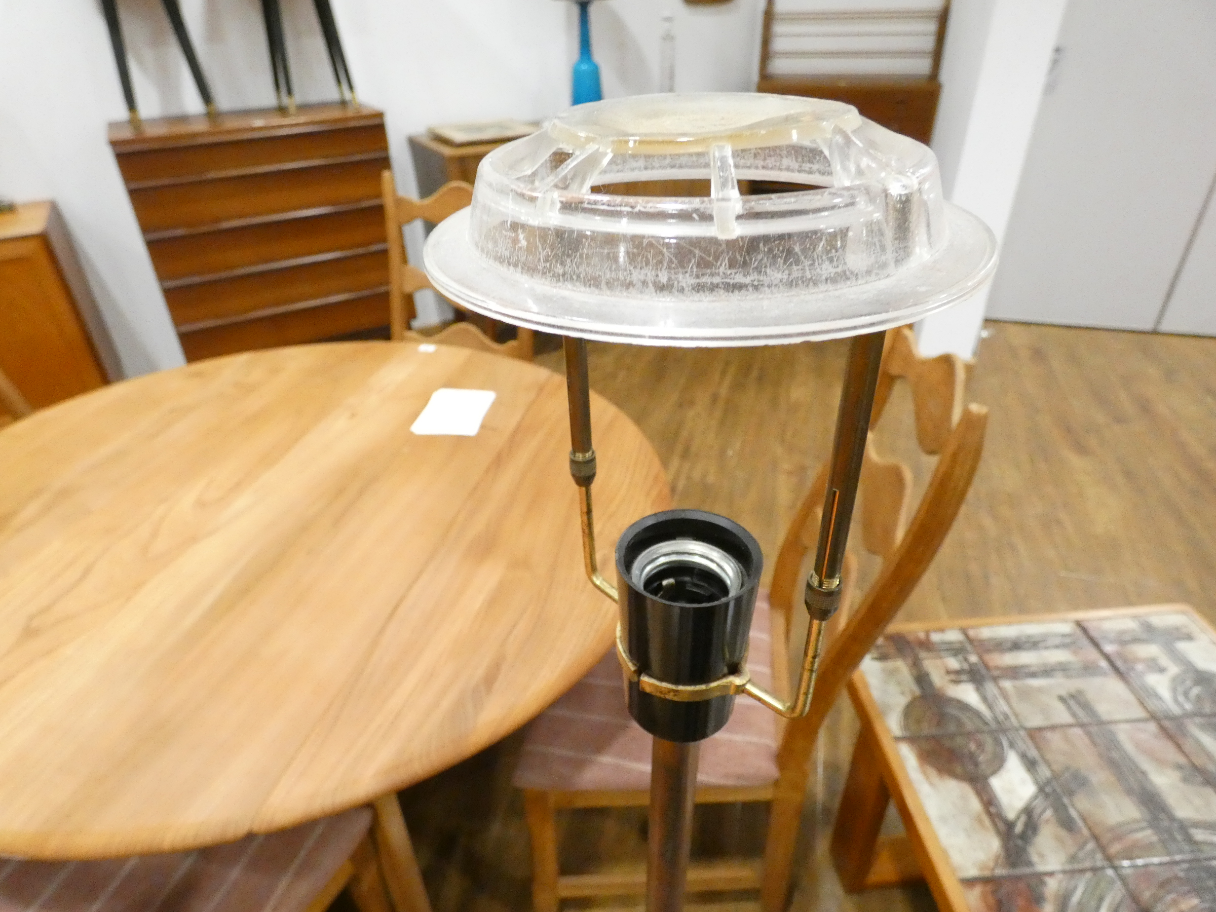 A 1960's beech tripod floor lamp with a yellow shade CONDITION REPORT: Split to side, - Image 8 of 8