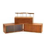 A Danish teak modular shelving system including a two-drawer chest, 80 x 30 cm, a glazed cabinet,