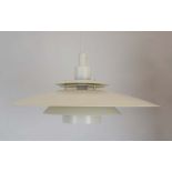 A Danish white enamelled five-tier ceiling light with a blue inner diffuser by Design Light