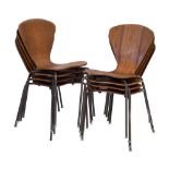 A set of eight Danish teak and bentply stacking chairs with metal tubular legs CONDITION