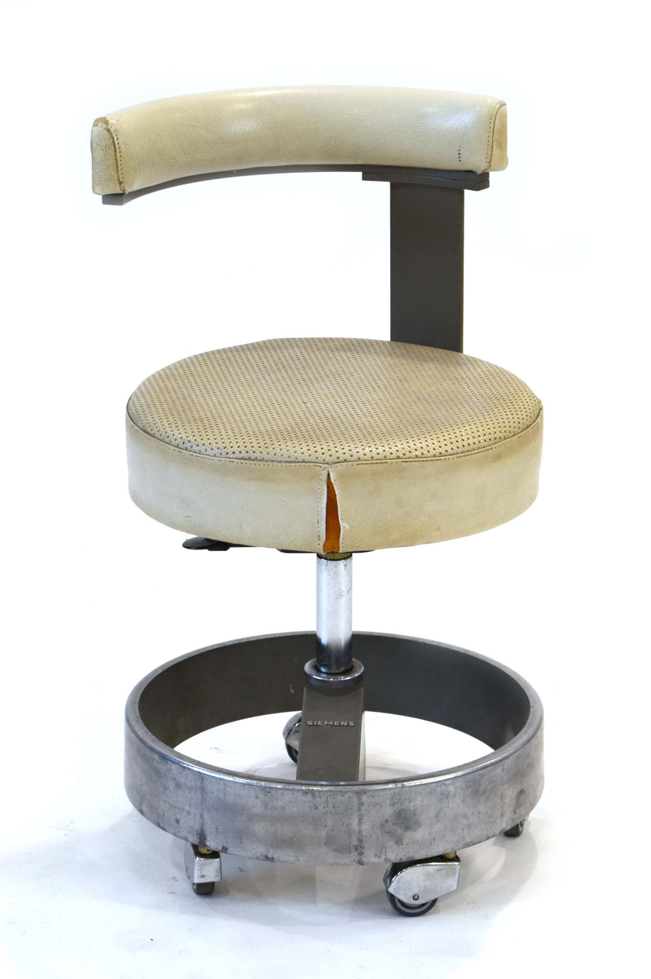 A 1960's Siemens dentist's chair with a grey enamelled frame and white leatherette upholstery *Sold