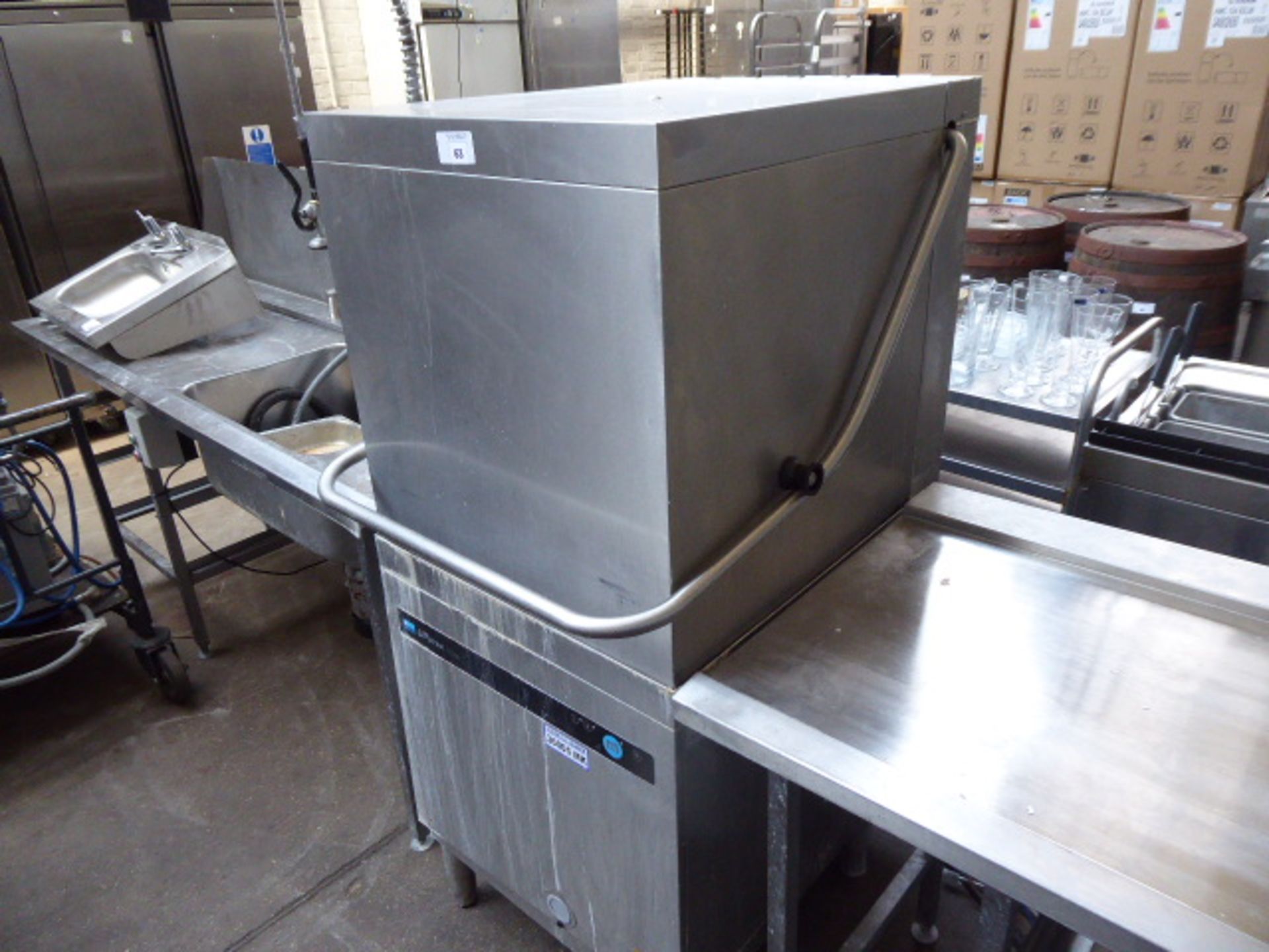 62cm Meiko Upster H500 lift top pass through dishwasher with associated small draining board, and