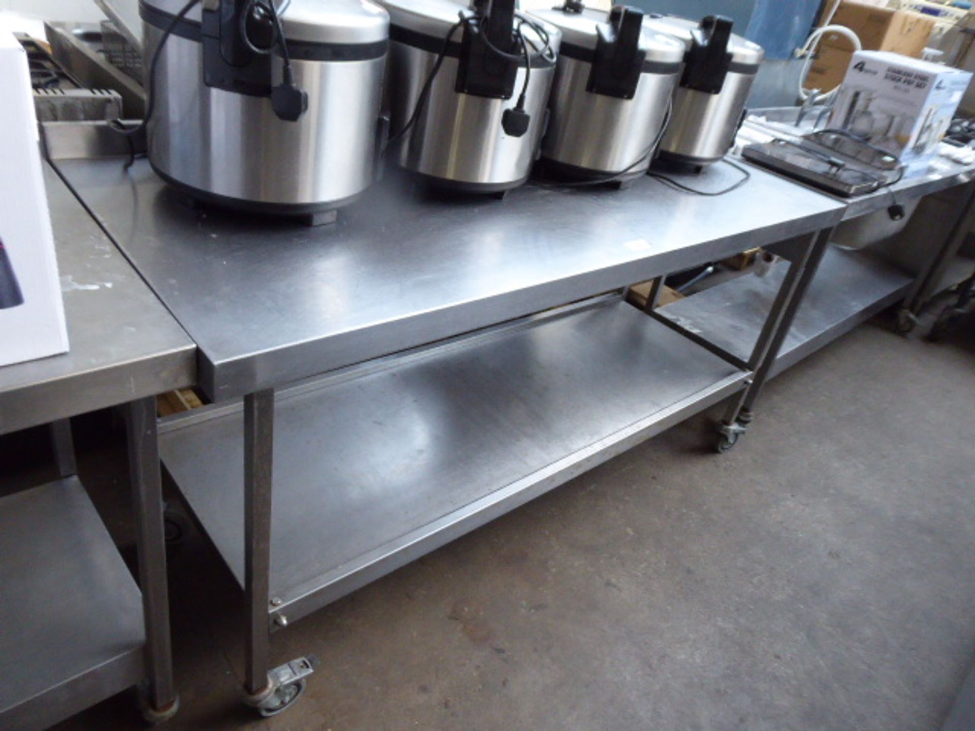 180cm stainless steel preparation table with shelf under on castors