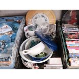 Crate of various Denby and other ceramics, cheese board and cassette tapes