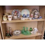 2 shelves of various ceramics and glassware incl. empty drinks miniatures, jugs, stein, etc.