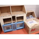 Wooden dolls house and box containing lighting system with furniture and accessories