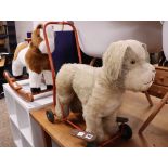 Vintage push along toy dog and more modern childs rocking horse