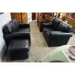 Black leatherette upholstered lounge suite comprising two two seater sofas and matching footstool