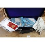 Masonic style apron and 2 pairs of white gloves in a faux leather case marked with initials 'R.J.S'