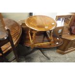 Small circular dark oak occasional table and a mahogany effect oval single pedestal occasional table