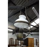 Hanging oil lantern with glass funnel and white glass shade