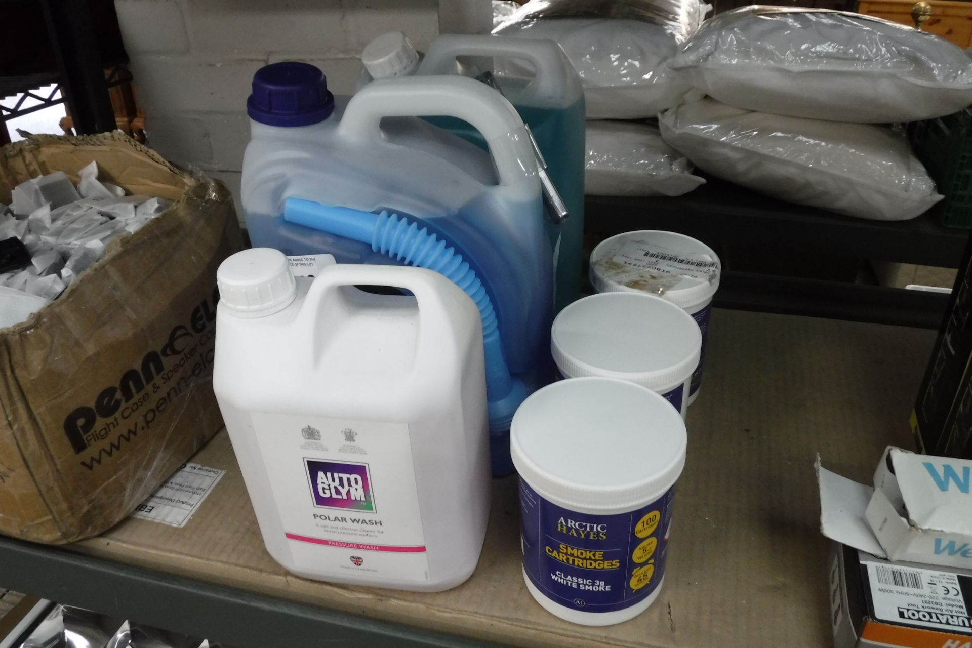 3 tubs of various screen wash, pressure wash cleaner and 3 pots of smoke cartridges