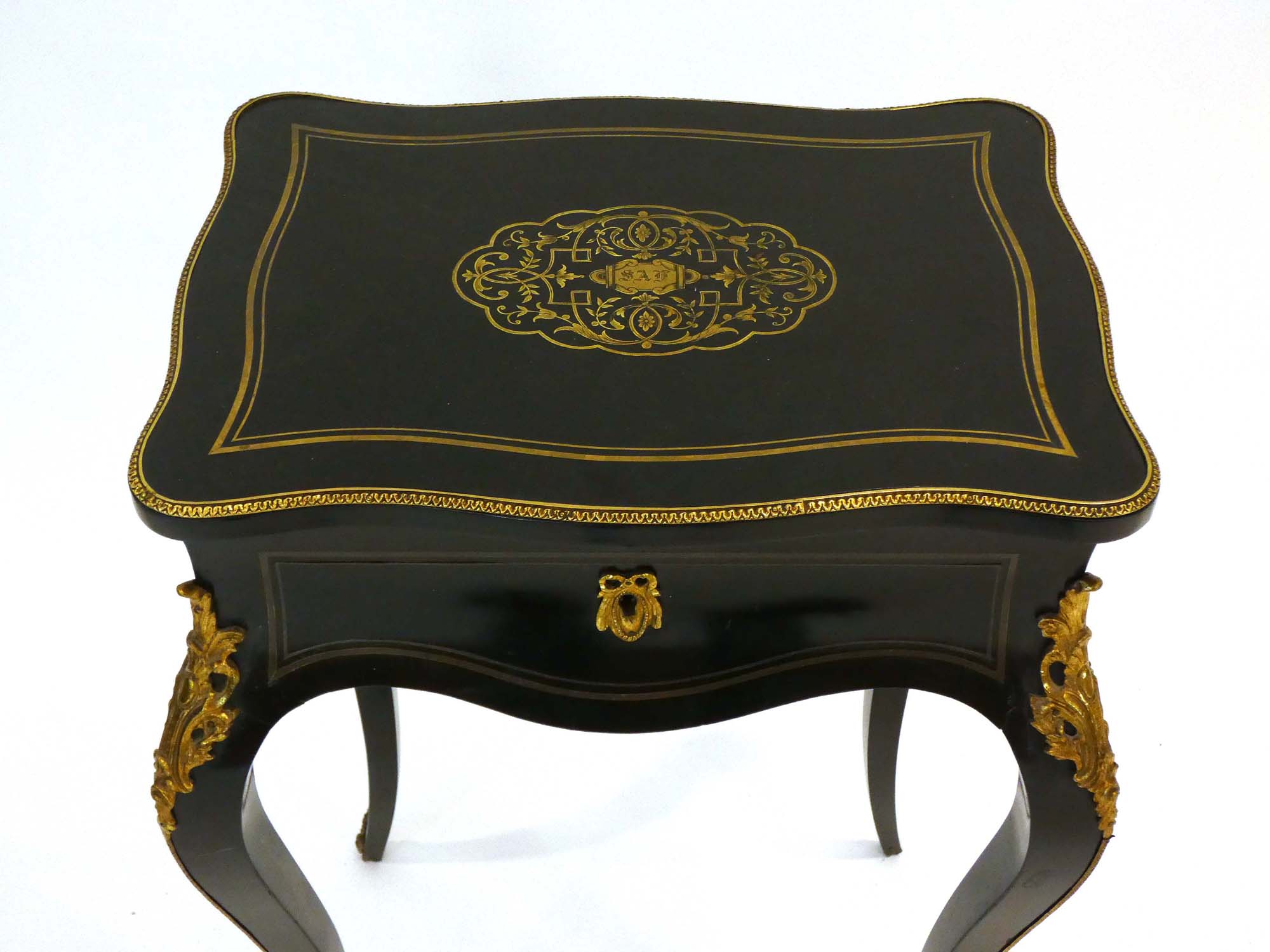 A 19th century ebonised and gilt metal mounted sewing cabinet on cabriole legs, w. - Image 3 of 4