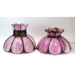 A near pair of pink glass and brass finished ceiling lights labelled 'Original Handmade Tiffany