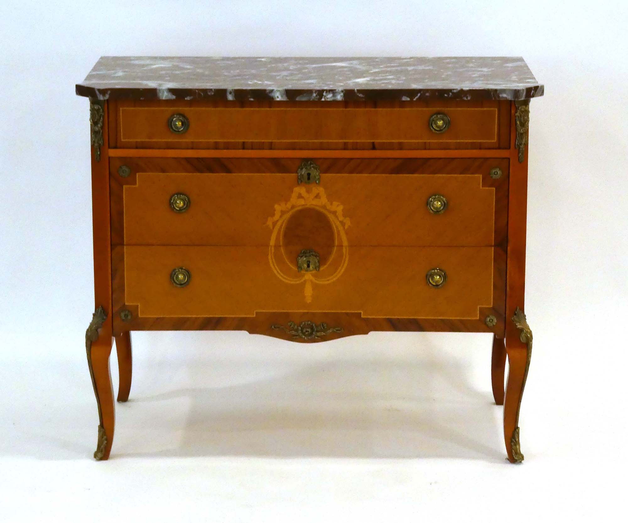 A reproduction commode, the rouge marble surface over three walnut, marquetry and strung drawers, - Image 2 of 3