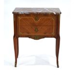 A reproduction brass mounted bedside cabinet, the marble surface over two walnut and strung drawers,