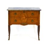 A reproduction commode, the marble surface over two walnut, marquetry and strung drawers,